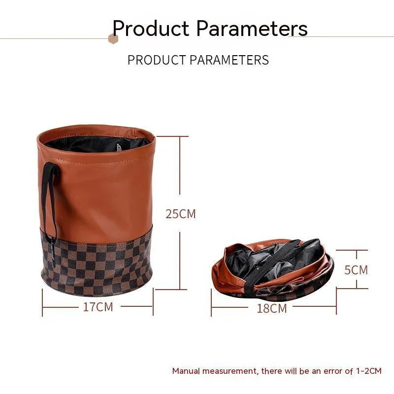 Retractable leather car trash can shown in folded and open states with handle.