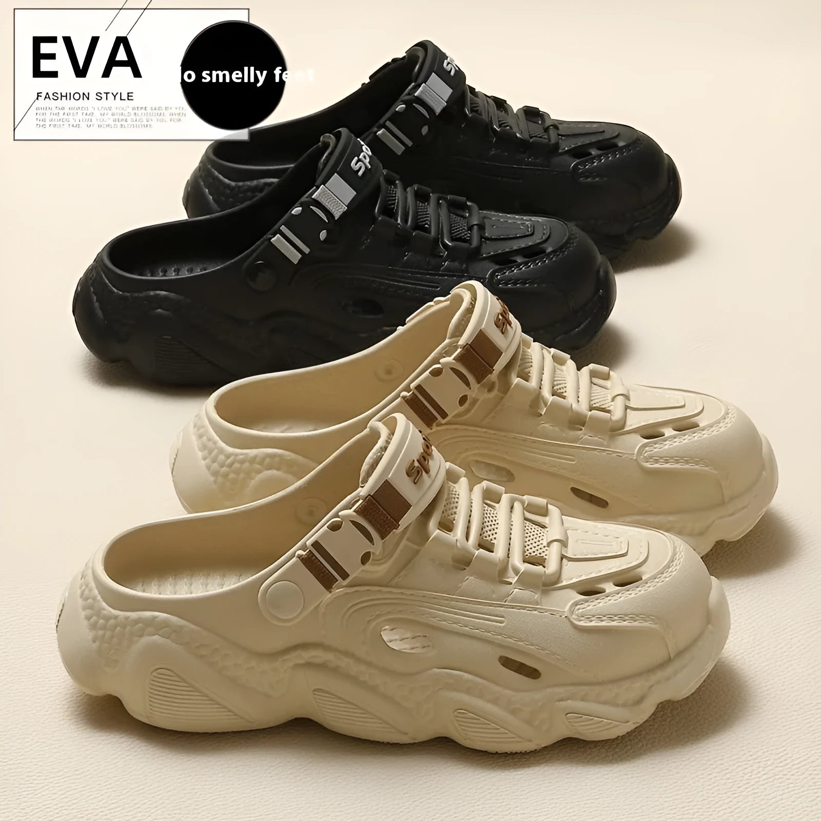Men's khaki outdoor slippers showing hollow out breathable design on a solid background.