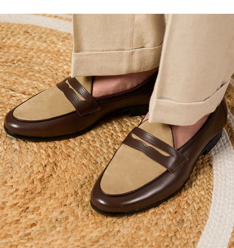 Coffee grey suede leather loafers with rubber sole and slip-on design