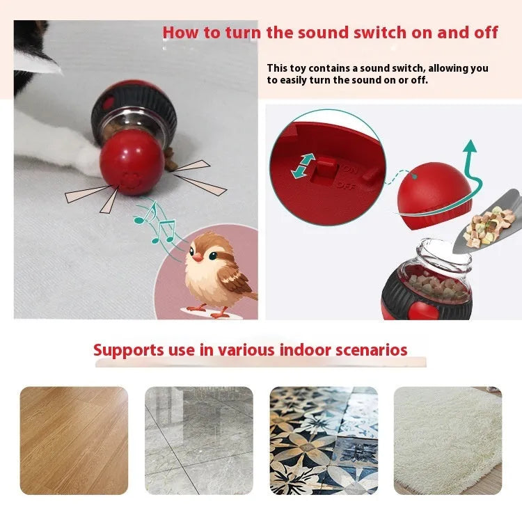 Plastic rotating cat toy with food dropping mechanism and colourful super ball design