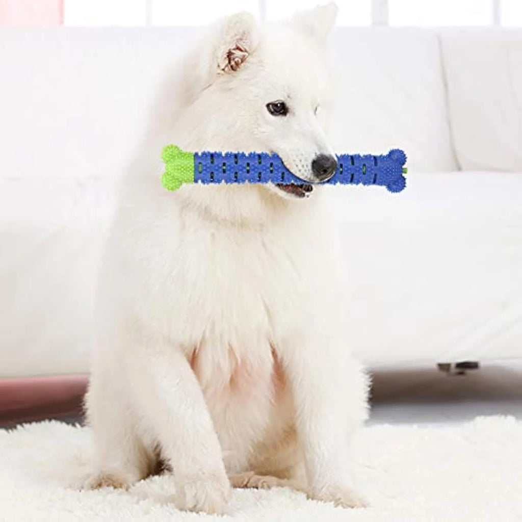 Blue-green silicone dog dental chew stick with textured cleaning surface, 25cm long.