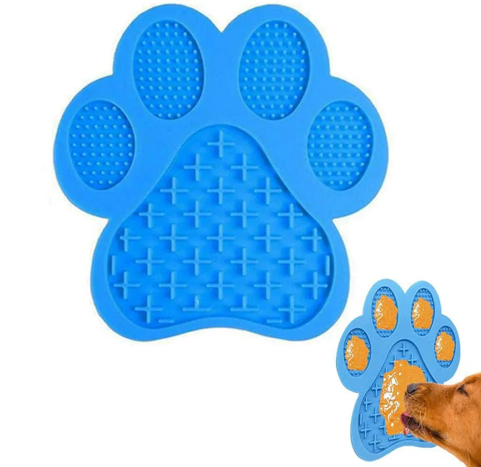 Square blue silicone dog licking mat with bone texture and suction cups on the back.