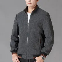 Men's grey woolen fleece sports jacket with long sleeves and a size stick pocket.