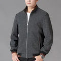 Men's grey woolen fleece sports jacket with long sleeves and a size stick pocket.
