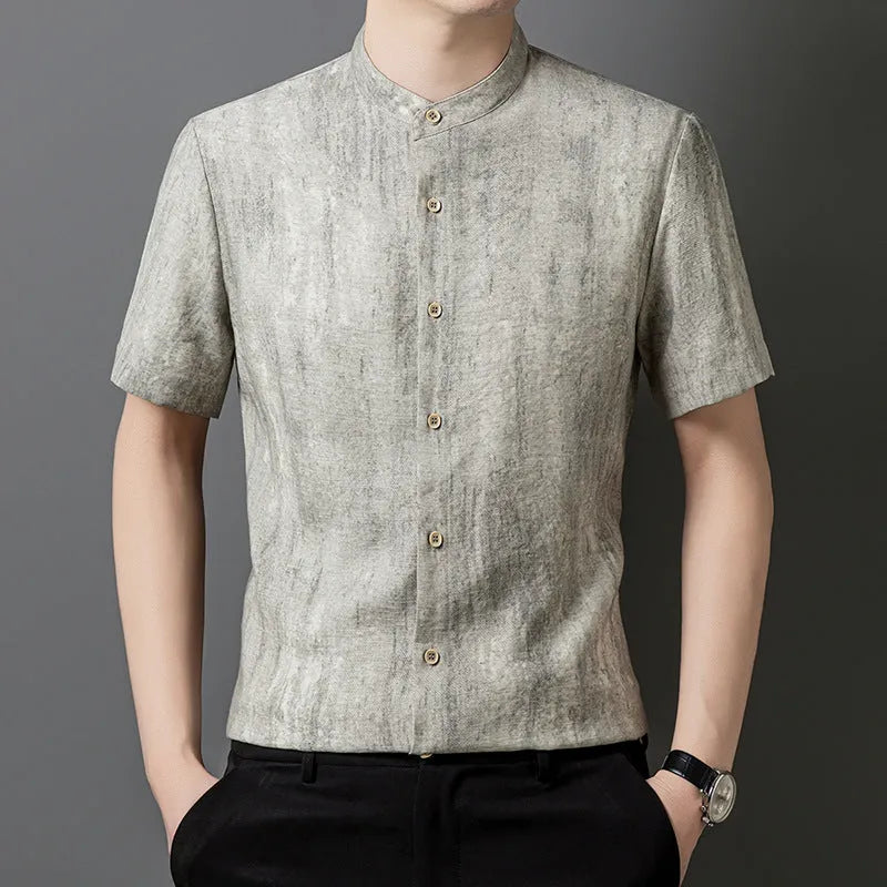 Men's loose fit linen shirt with stand collar in black grey colour