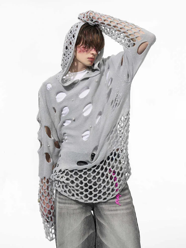 Men's black thin hoodie with hollow hood and front pearl decorative details.