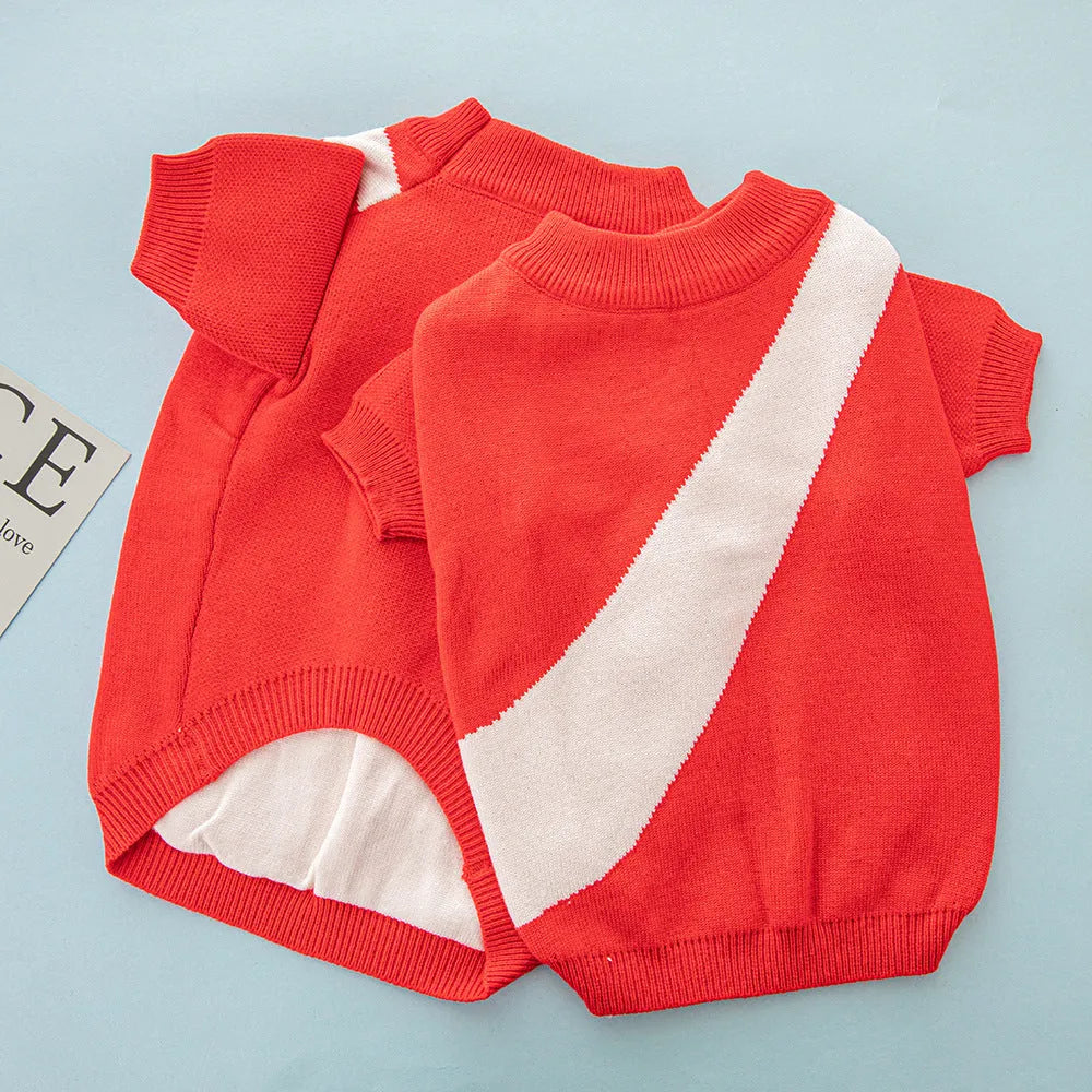 A casual wool knit sweater for a corgi or poodle, shown in one of six available colours.