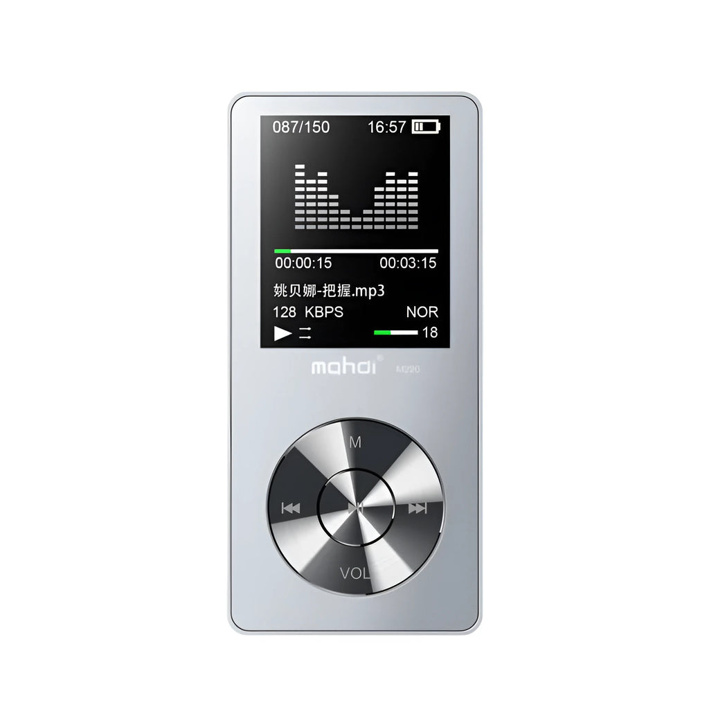 Gold metal MP3 player with 1.8-inch screen showing music playback interface