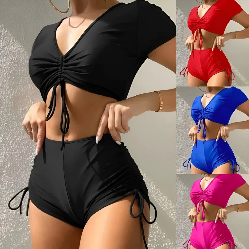Women's lace-up bow two-piece swimsuit bikini set in multiple colours.