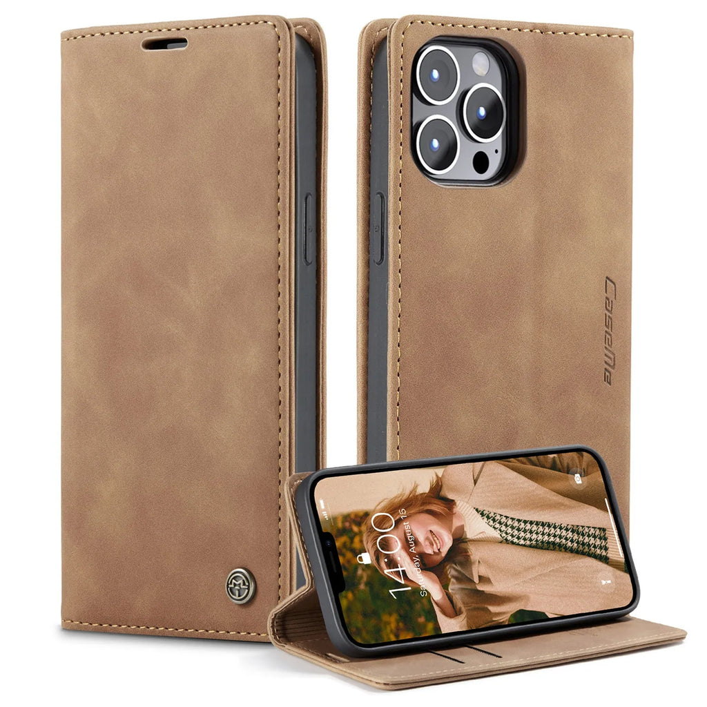Mobile phone holster flip cover clamshell case in black, brown, coffee, wine red, or blue for Apple iPhone models.