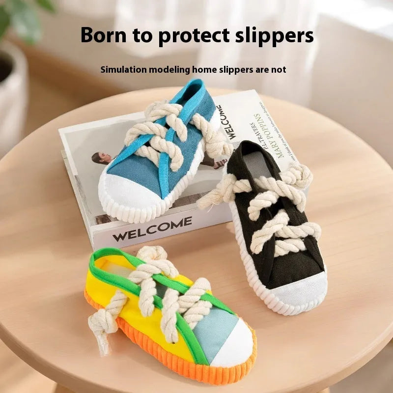 Sound slippers dog toy with self-hi relieving movement and molar chewing texture in plastic construction