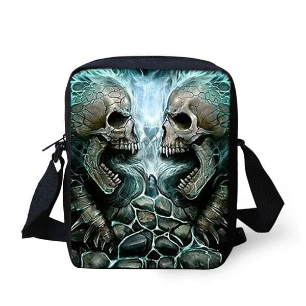 Children's messenger bag with skull patterns showing double straps and zipper closure