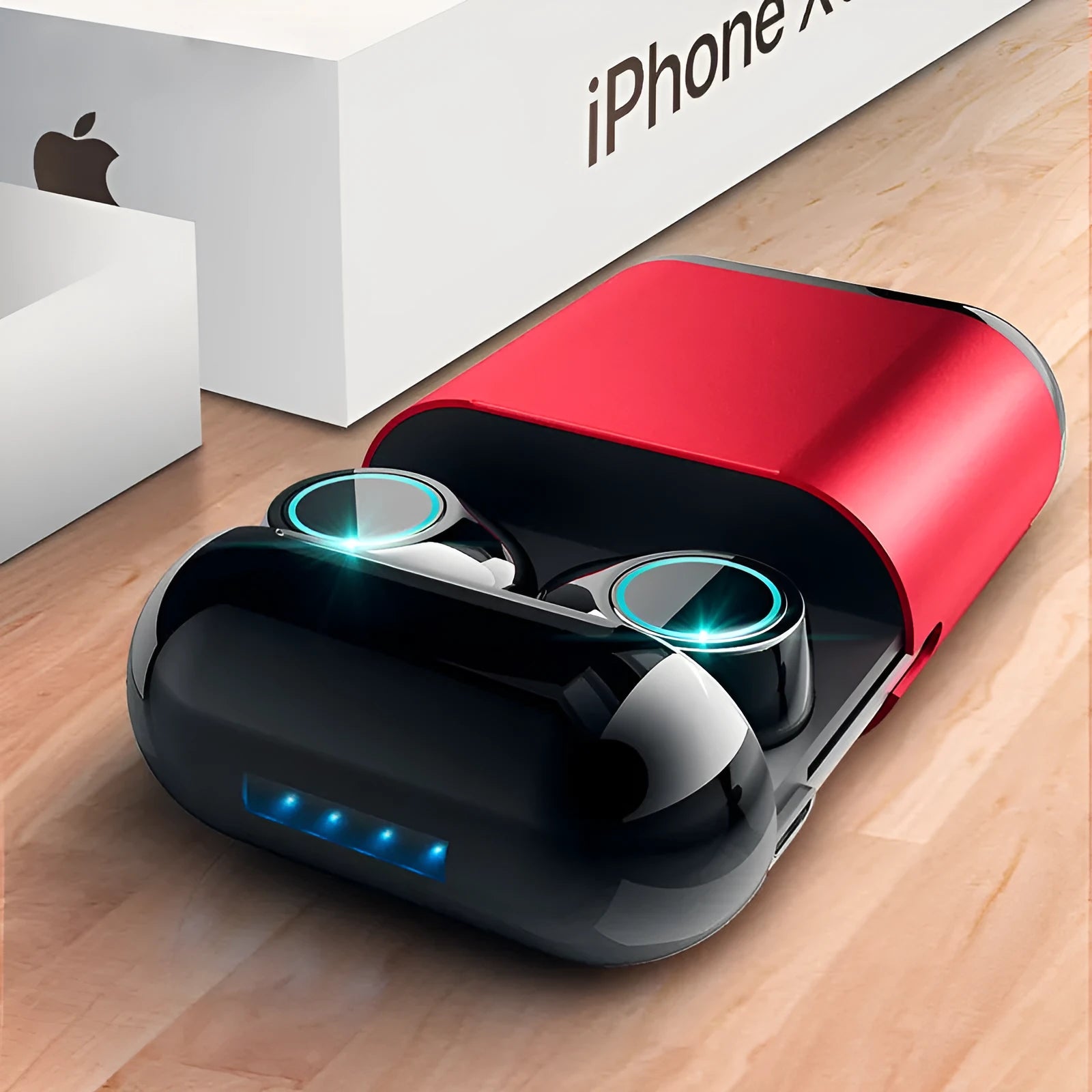 Black TWS Bluetooth wireless earpluds with charging case on a grey background.