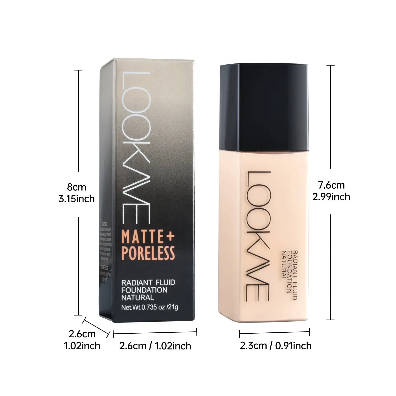 LOOKAVE matte liquid foundation bottle showing Ivory White shade, 21g waterproof formula with brightening effect.
