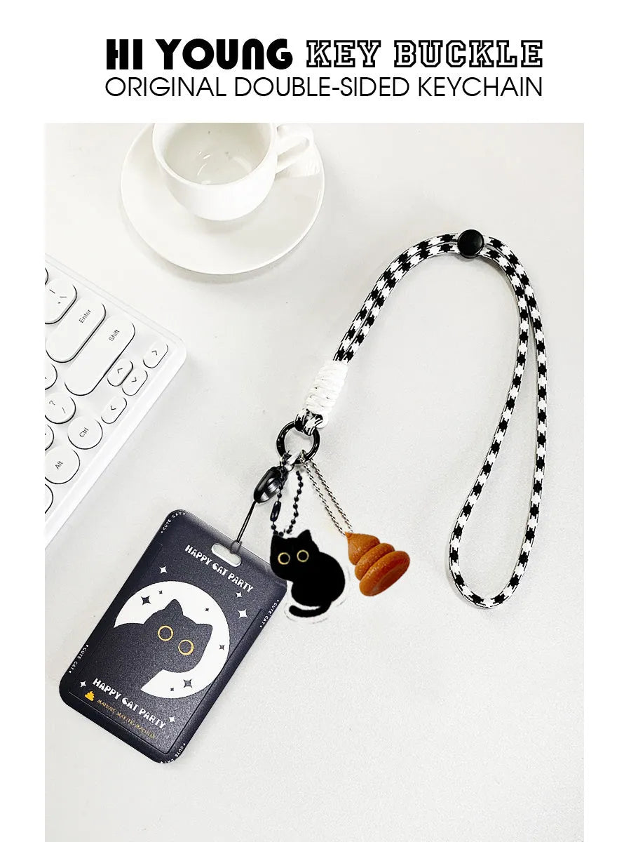 Cartoon black cat plastic card sleeve holder with ferrule pendant for transit and student cards