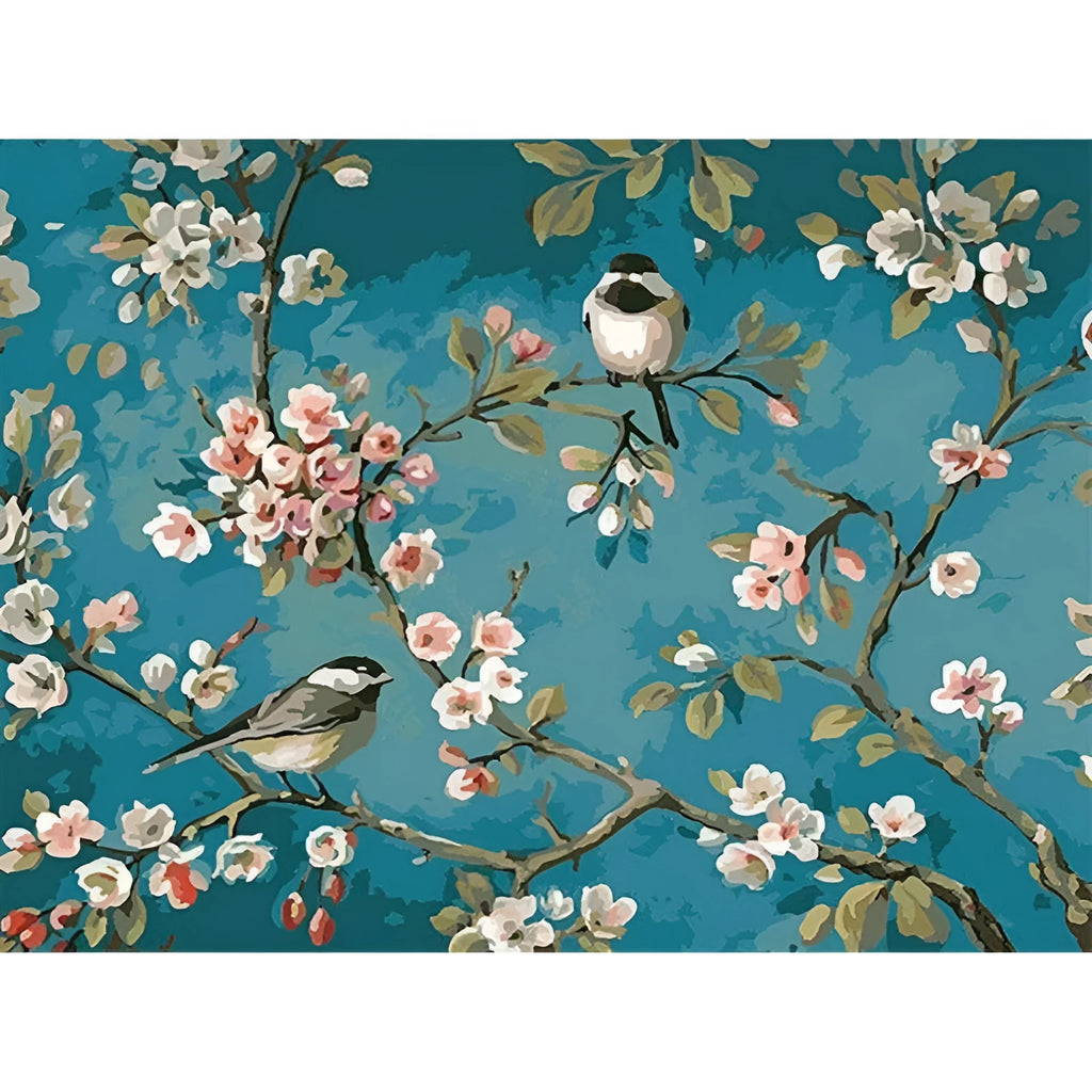 Hand-painted blue flowers and birds digital oil painting on linen canvas 40x50cm