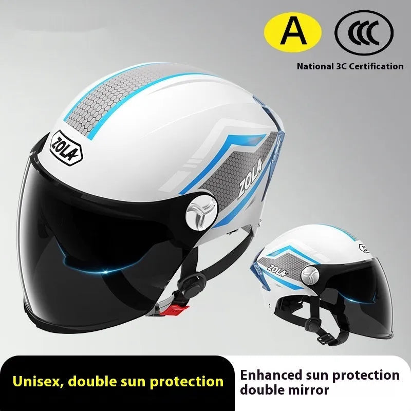 3C certified ABS half motorcycle helmet with double mirror visor in various colours for men women and children
