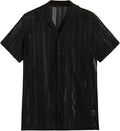 Men's black knitted short-sleeved shirt with jacquard texture and button front in cardigan style