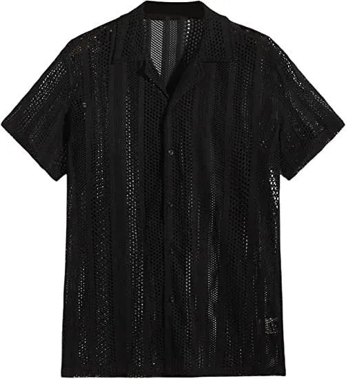 Men's black knitted short-sleeved shirt with jacquard texture and button front in cardigan style