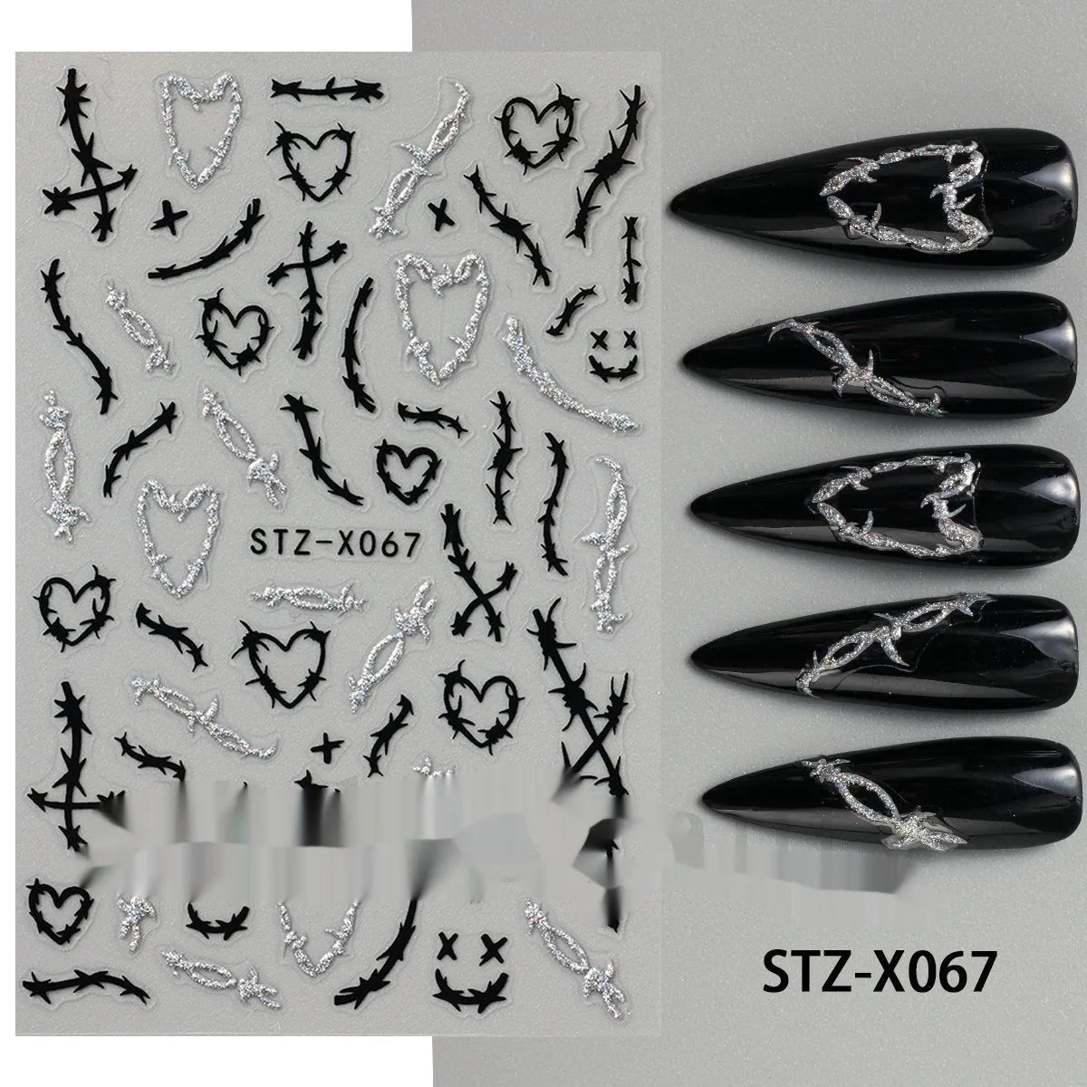 Cartoon nail art stickers with black and silver strip love pattern design
