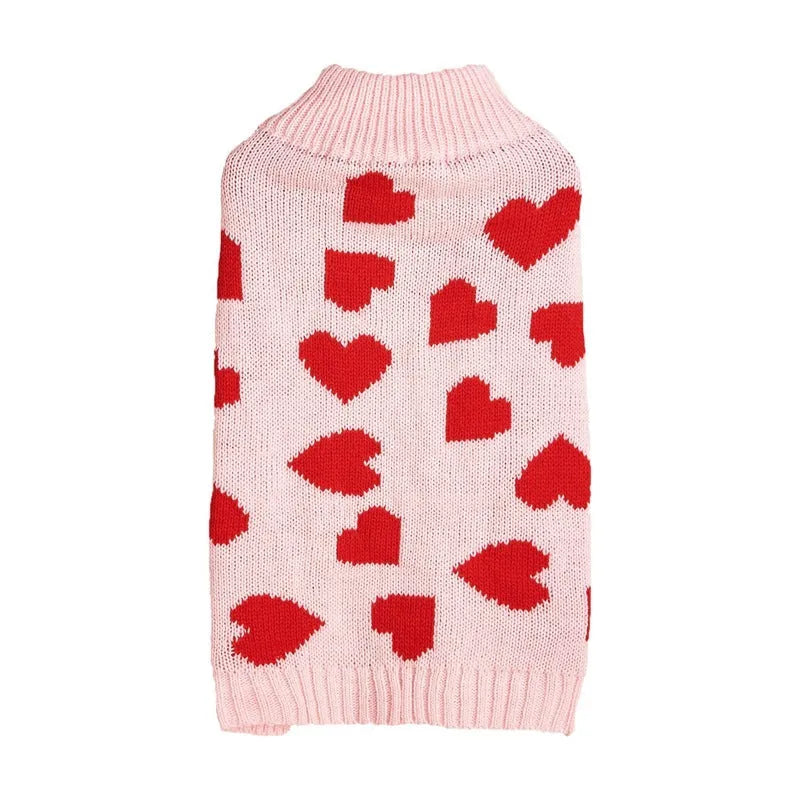 Red love heart and pink bow design on an acrylic dog sweater for small to large pets.