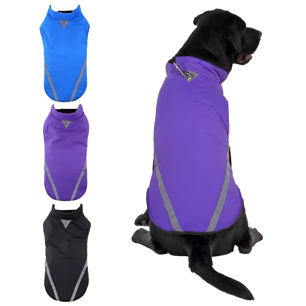 Cotton two-legged large dog jacket in black, blue or purple, sizes S to 2XL with cm size chart
