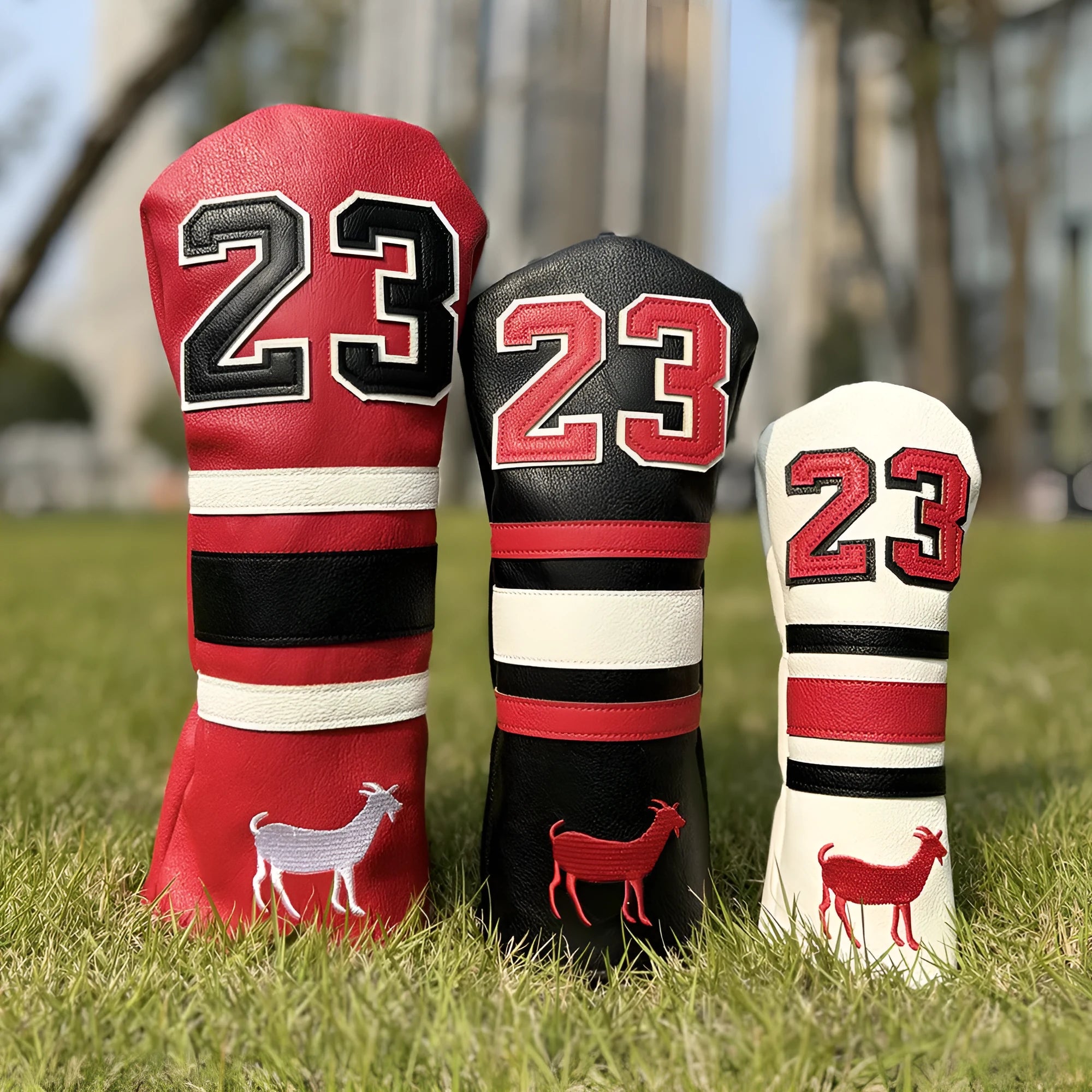 Ram golf headcover set showing chicken leg, 1, 3, 5, UT, and square putter covers in chosen colour.