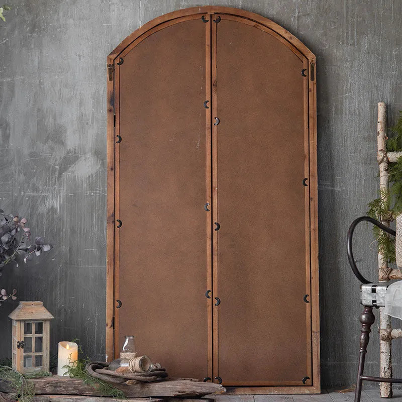Terrace distressed fake window wall mirror with wooden glass construction and log colour finish