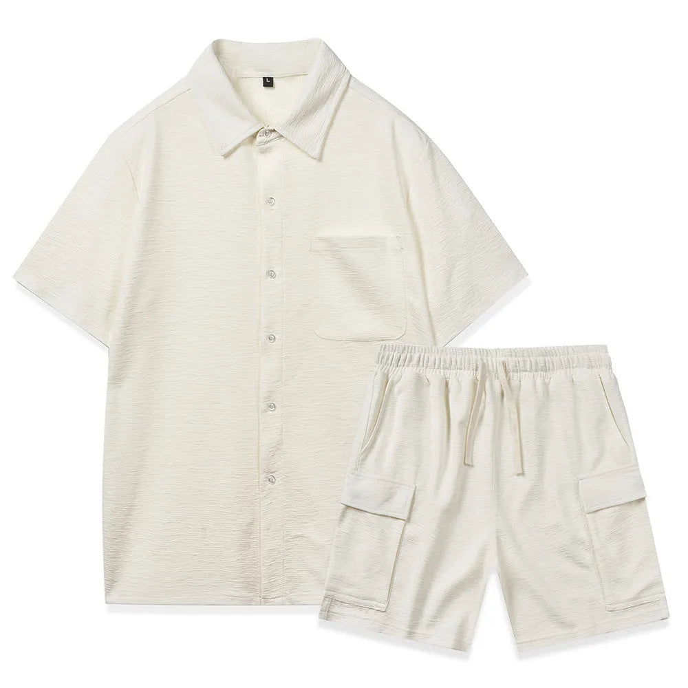 Elastic waist shorts and short sleeve top two-piece set in a neutral colour on a hanger.