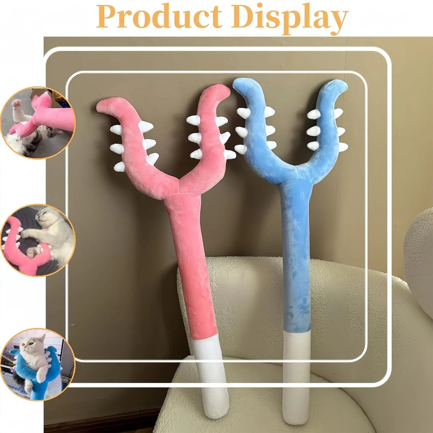 Blue plush cat wand toy with foam-filled head on a 70cm long stick for interactive pet play.