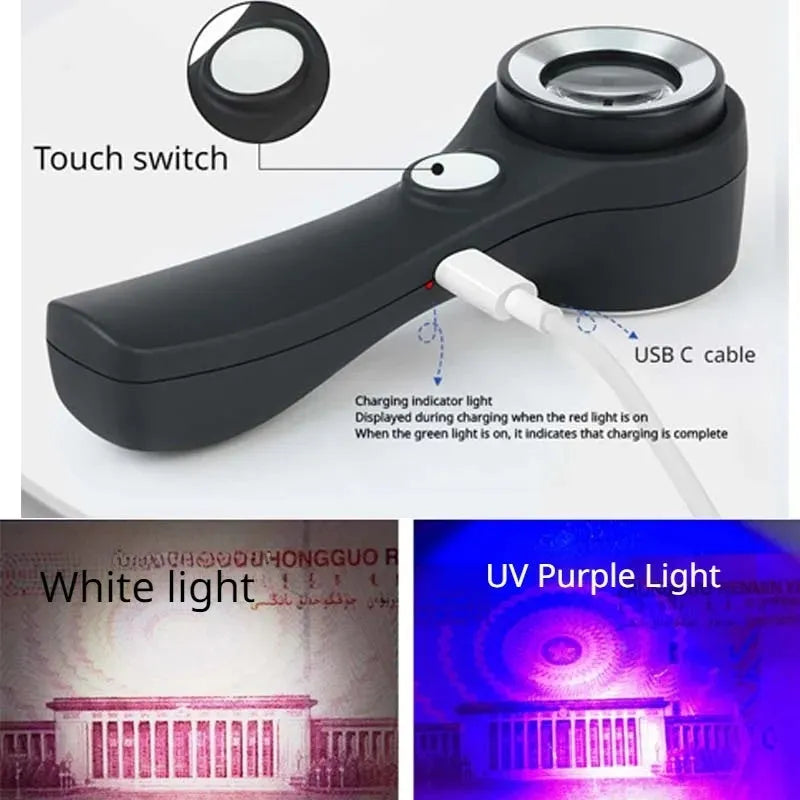 Black or silver 30x optical glass magnifying glass with LED lights for jewellery and collectible appraisal.