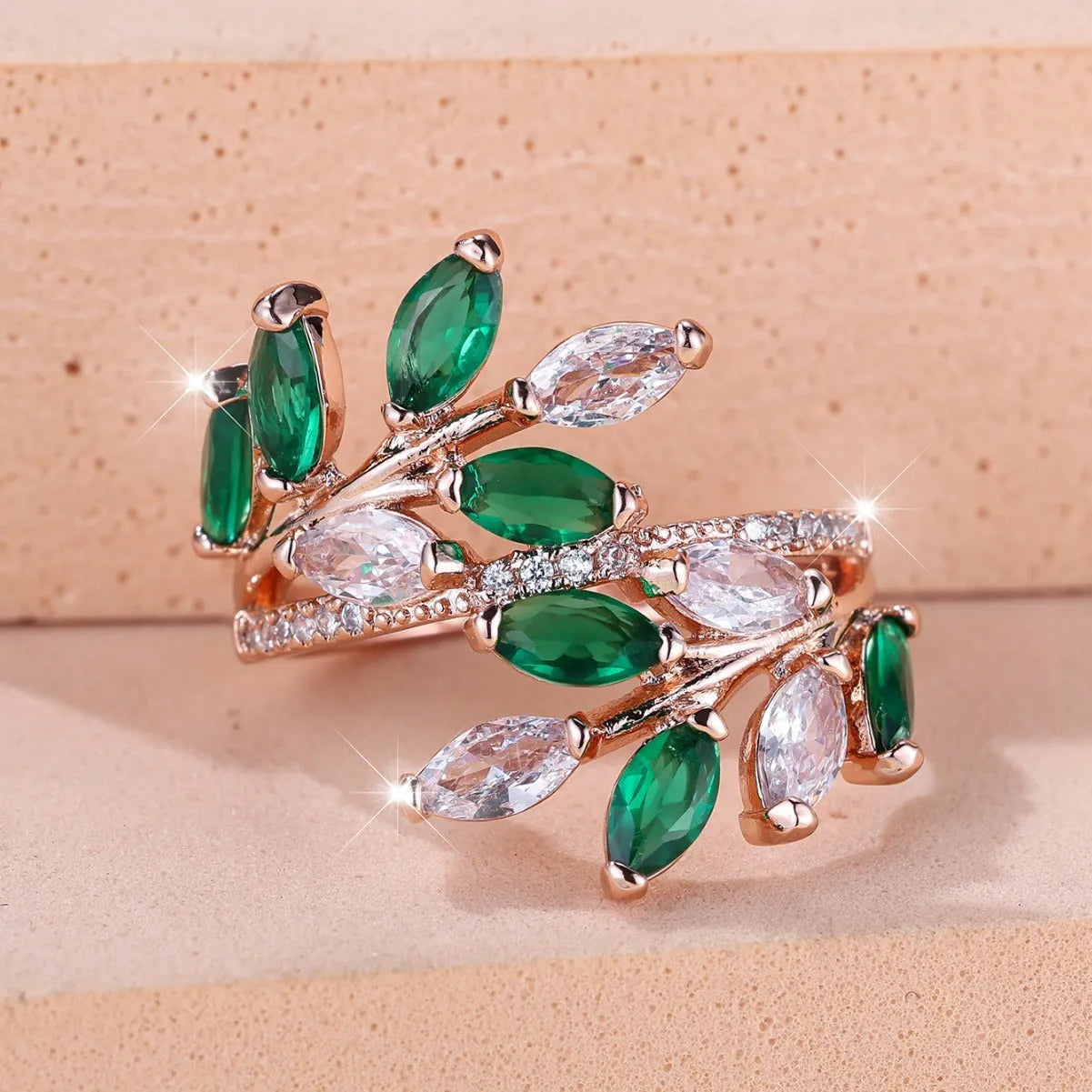 Adjustable copper leaf ring with zircon accents in multiple colour finishes including platinum white and rose gold