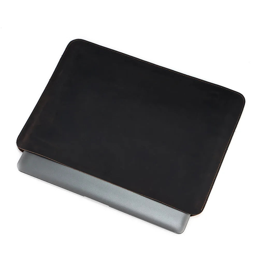 Brown genuine leather computer liner bag with horizontal design and wear-resistant cowhide lining