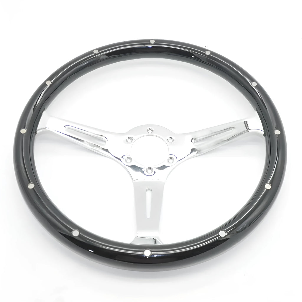Black wooden steering wheel with bright electroplated details for classic cars, 15 inch diameter
