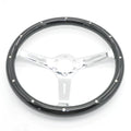 Black wooden steering wheel with bright electroplated details for classic cars, 15 inch diameter