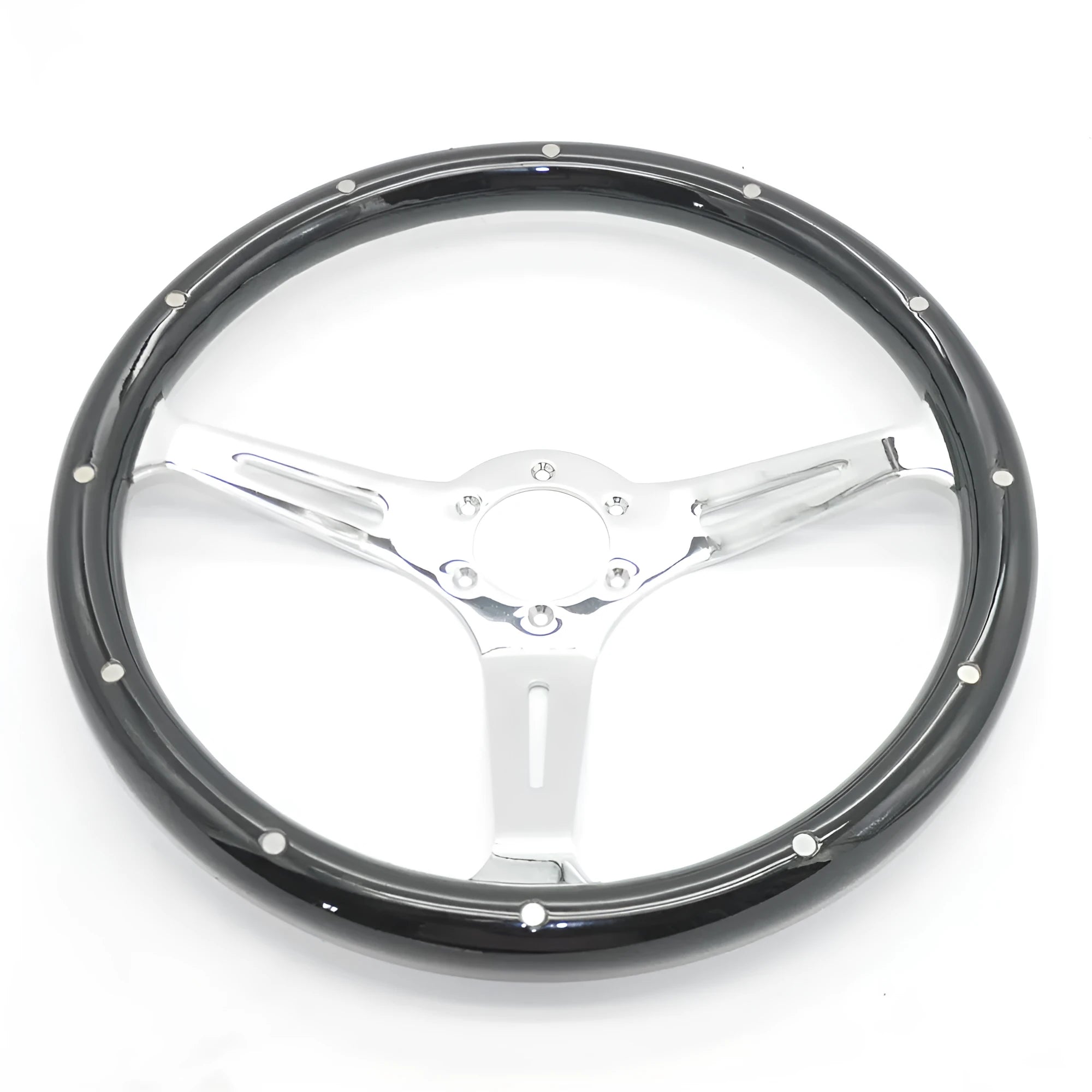 Black wooden steering wheel with bright electroplated details for classic cars, 15 inch diameter