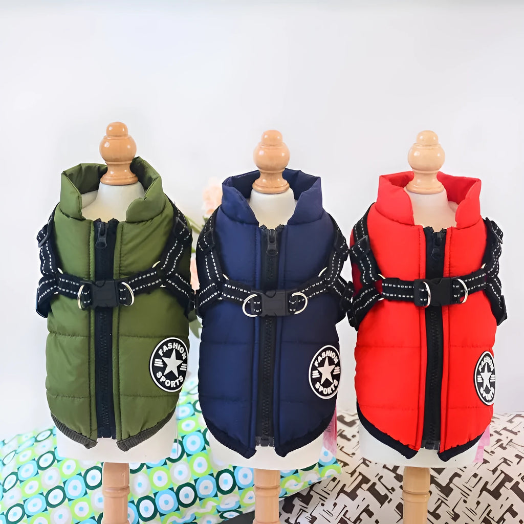 Waterproof dog coat in red with harness opening, sized for Labrador breed during winter walk.