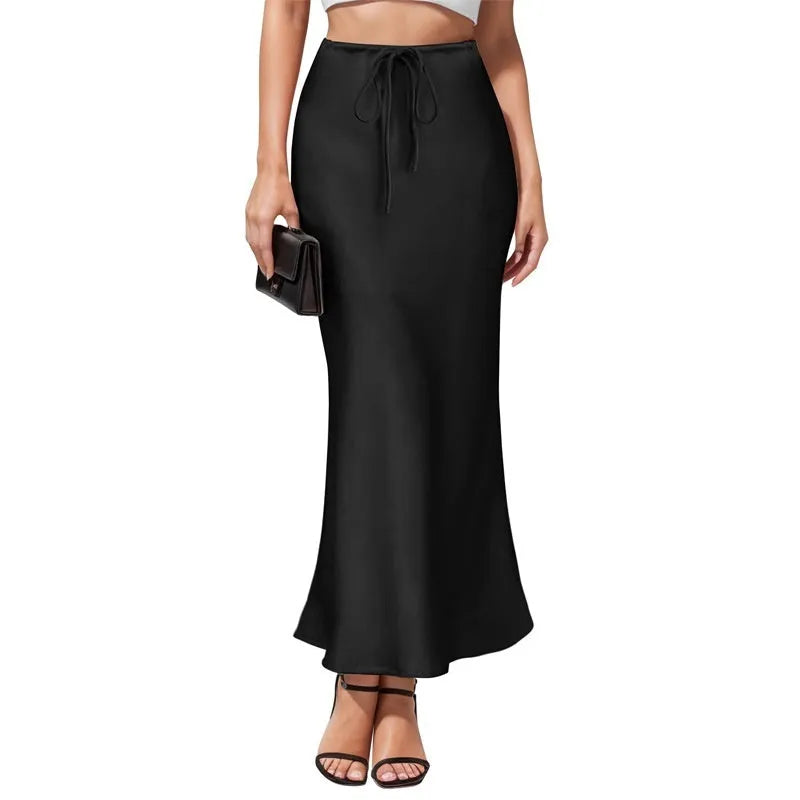 Women's acetate satin asymmetric high waist skirt with irregular stitching in solid colour