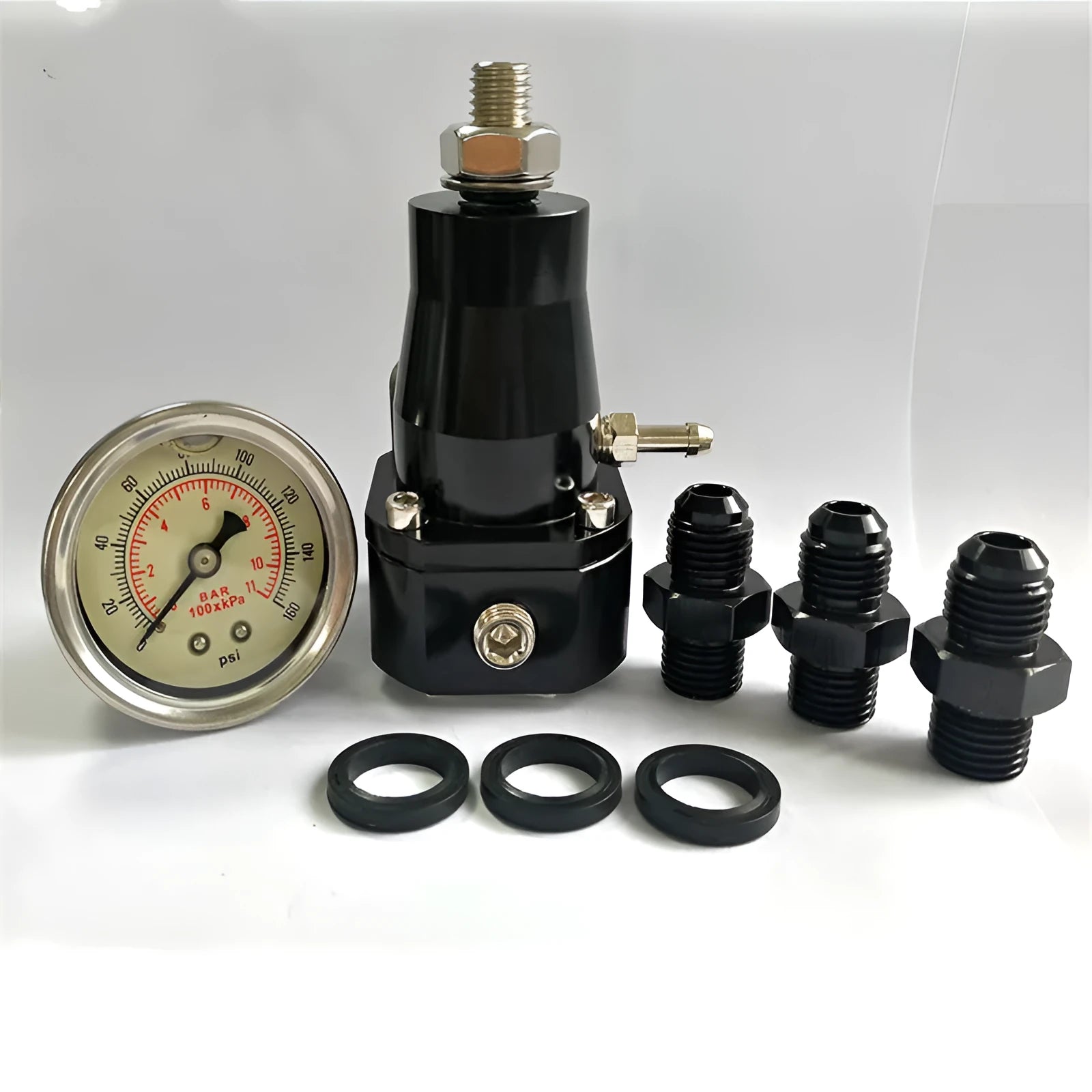 Aluminium fuel pressure regulator with adjustable 30-70 psi pressure range for car performance tuning