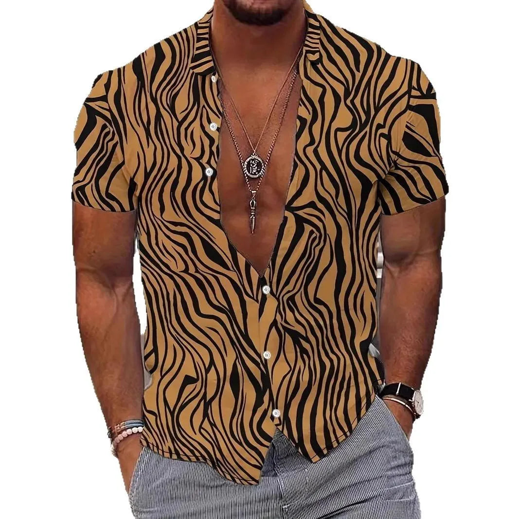 Men's slim fit geometric line print short sleeve polyester shirt shown on a model, available in multiple colours and sizes.