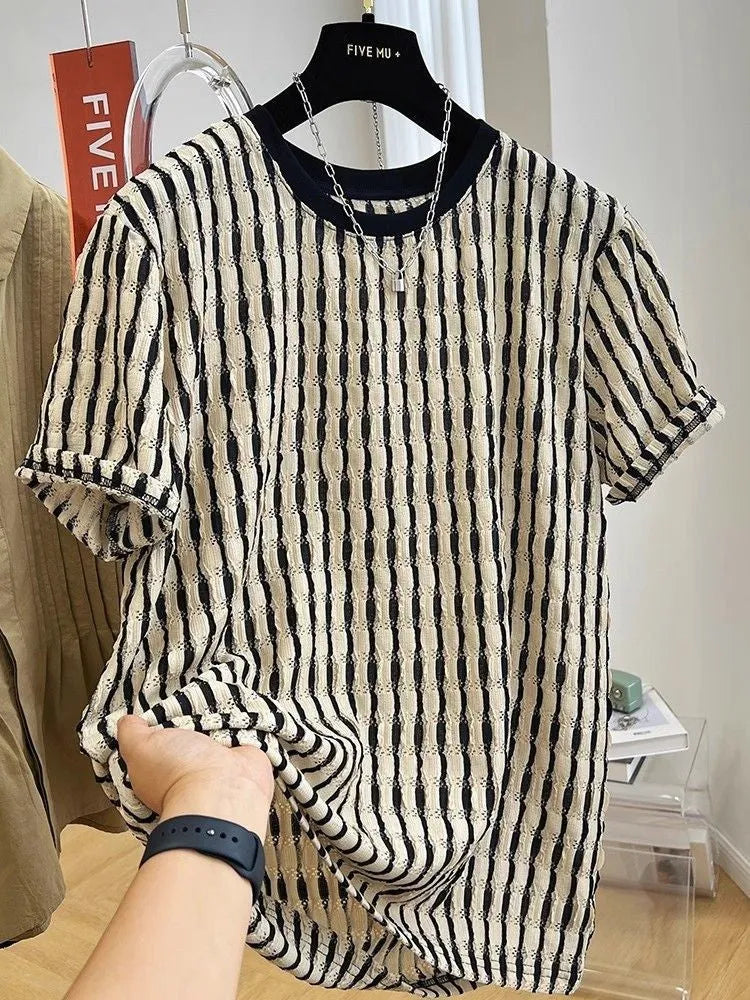 Black striped linen and silk-blend men's casual shirt with short sleeves and loose fit