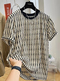 Black striped linen and silk-blend men's casual shirt with short sleeves and loose fit