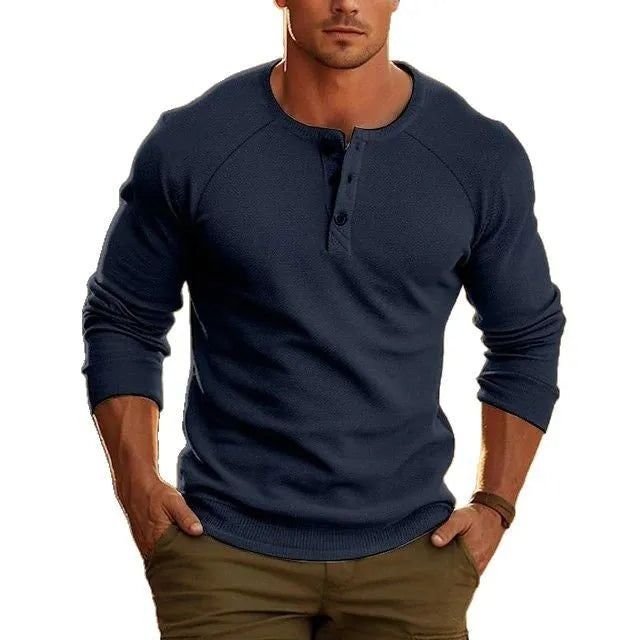 Men's white Henry collar long-sleeved cotton blend T-shirt laid flat showing stitching details