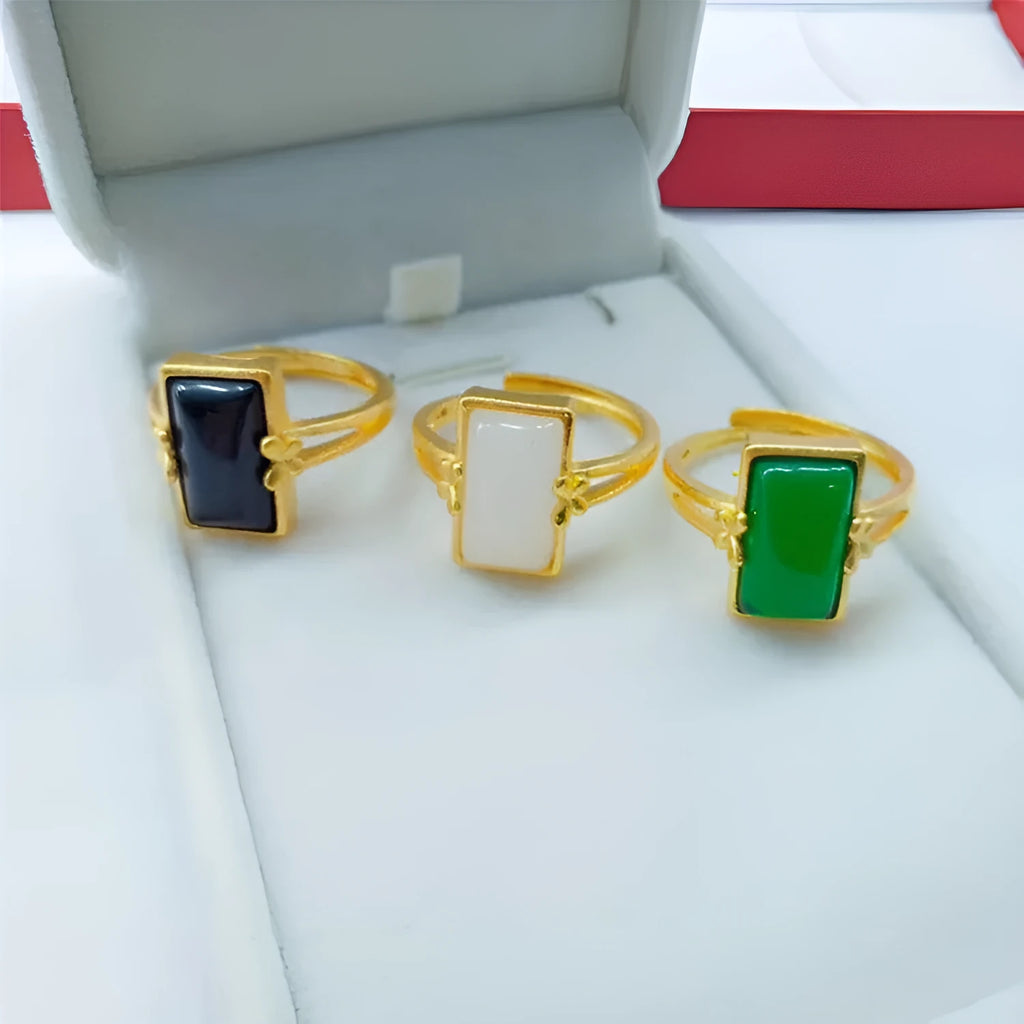 Adjustable brass gold-plated ring with electroplated finish and coloured gemstone options