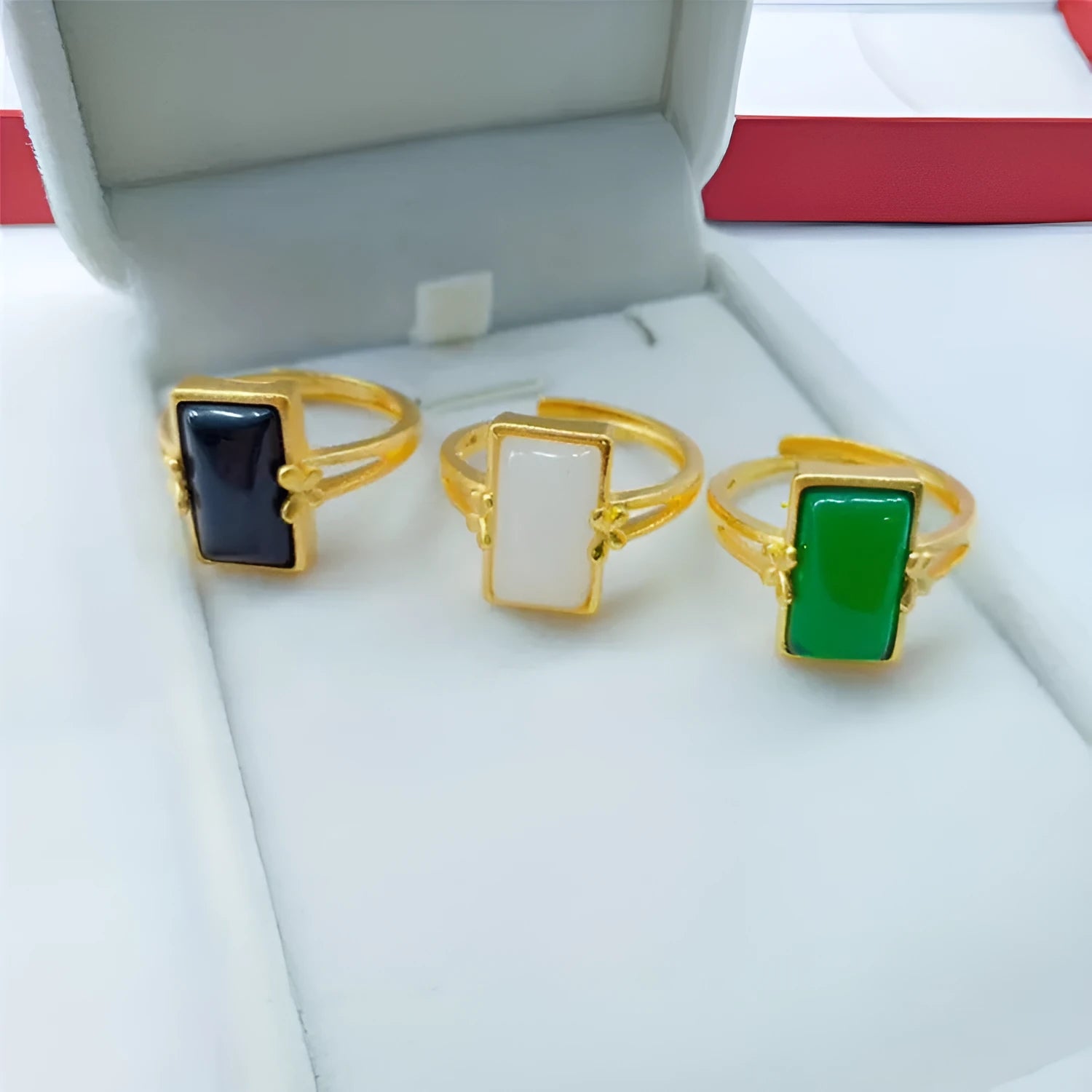 Adjustable brass gold-plated ring with electroplated finish and coloured gemstone options