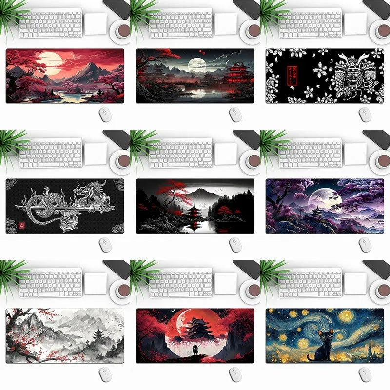 Large customisable anime gaming mouse pad with non-slip rubber base on a desk.