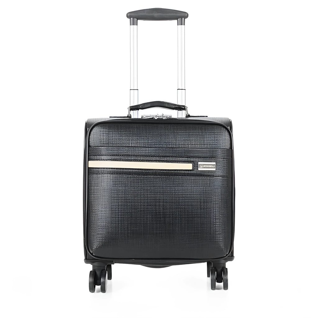 18-inch black PU leather business case with lock and airplane wheels