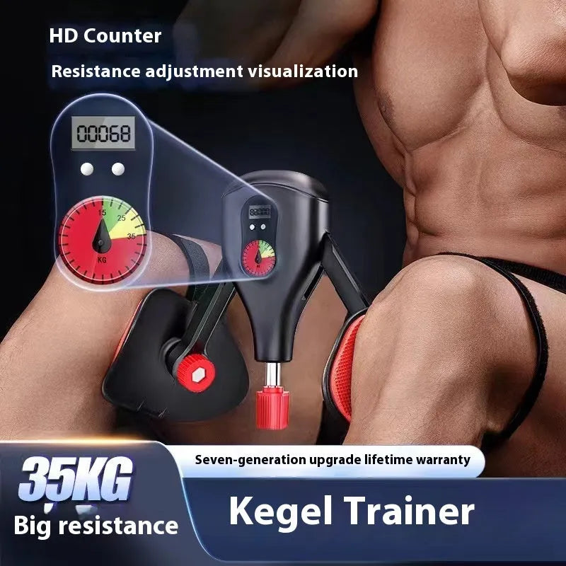 Men's black Kegel trainer for PC muscle exercise, shown with adjustable straps and a carrying handle.