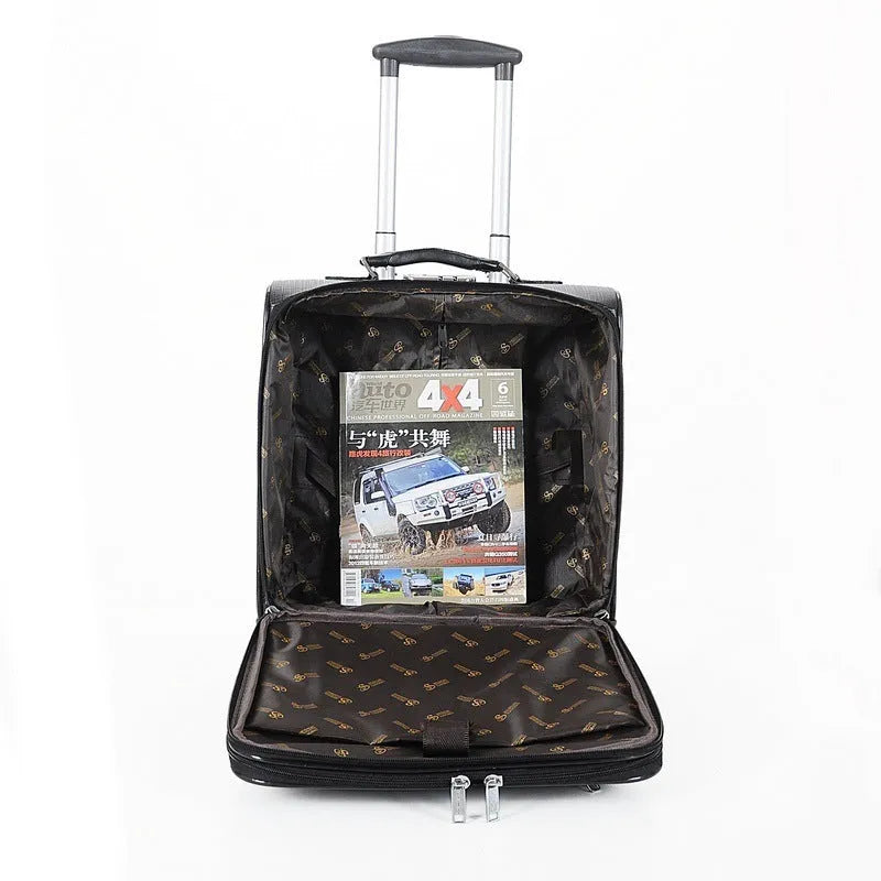 18-inch black PU leather business case with lock and airplane wheels
