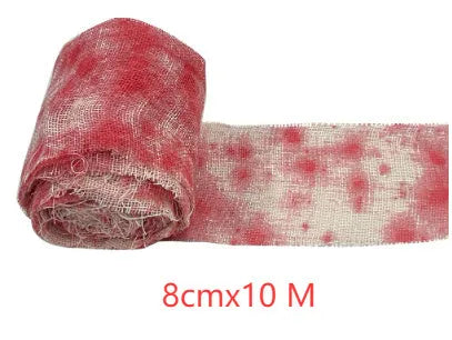 Roll of red dyed polyester gauze bandage for Halloween horror costumes and decorations.